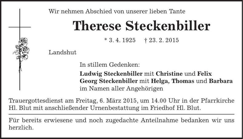 Traueranzeige Therese Steckenbiller