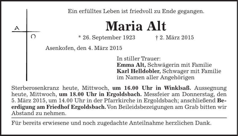 Traueranzeige Maria Alt