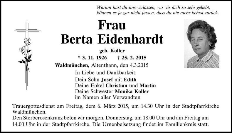 Traueranzeige Berta Eidenhardt