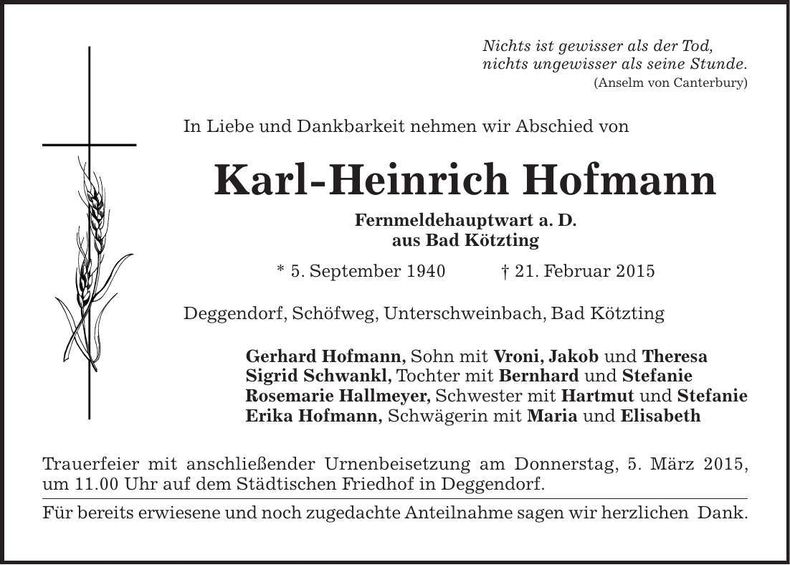 Traueranzeige Karl-Heinrich Hofmann