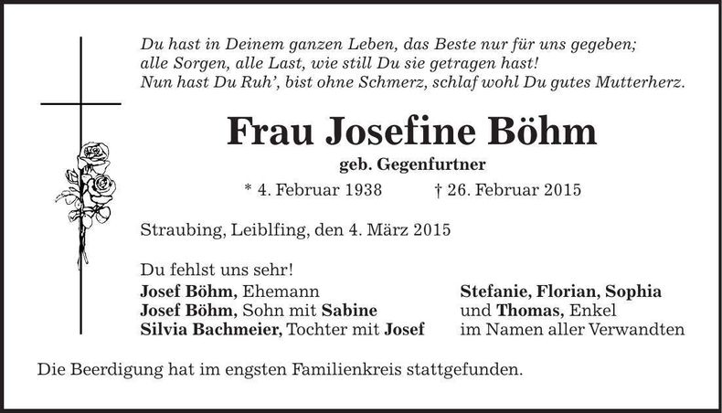 Traueranzeige Josefine Böhm