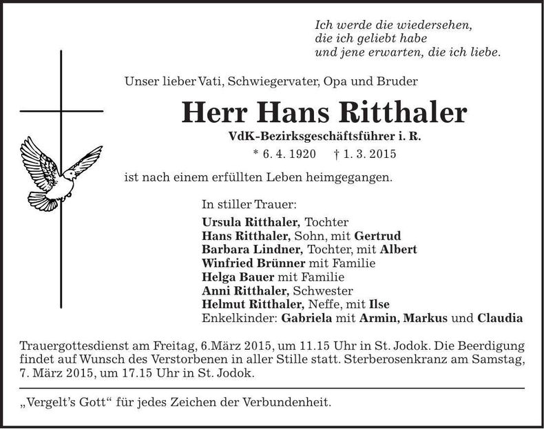 Traueranzeige Hans Ritthaler