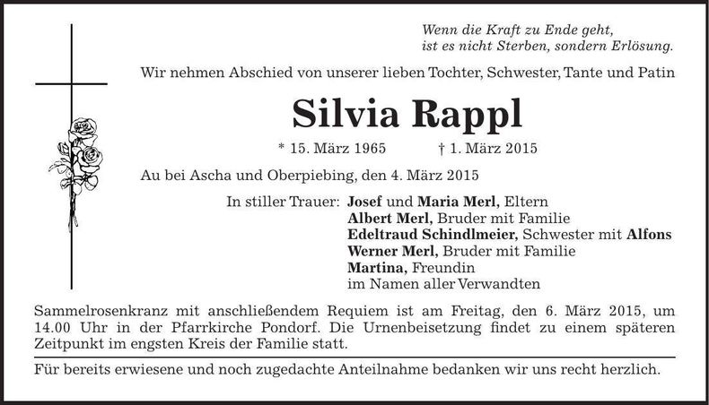 Traueranzeige Silvia Rappl