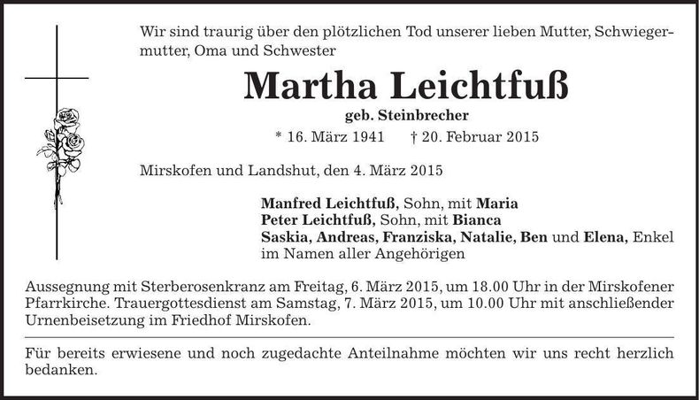 Traueranzeige Martha Leichtfuß