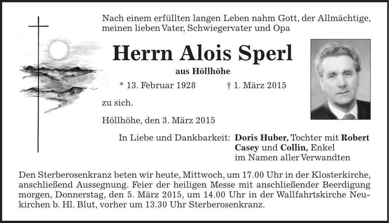 Traueranzeige Alois Sperl