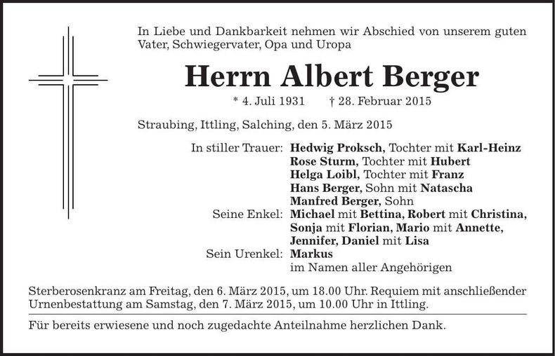 Traueranzeige Albert Berger