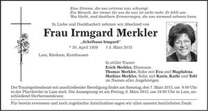 Traueranzeige Irmgard Merkler