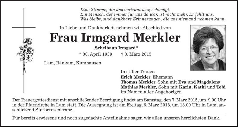 Traueranzeige Irmgard Merkler