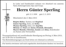 Traueranzeige Günter Sperling