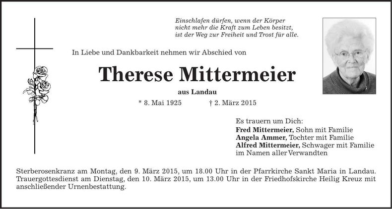 Traueranzeige Therese Mittermeier