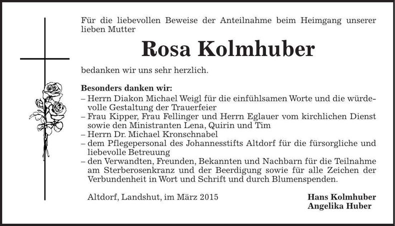 Traueranzeige Rosa Kolmhuber