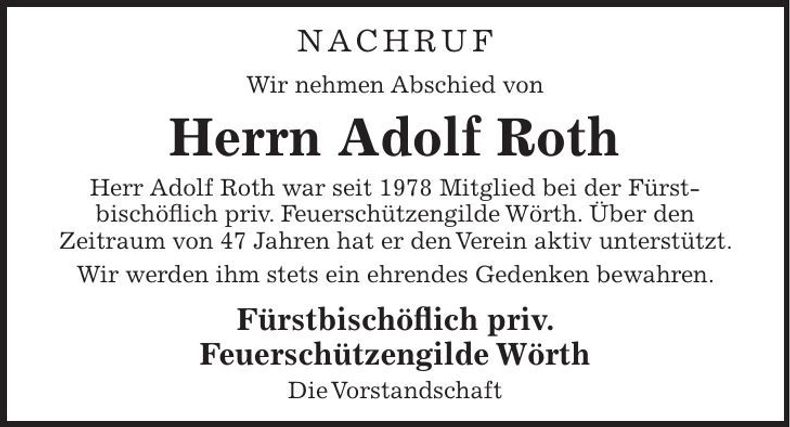 Traueranzeige Adolf Roth