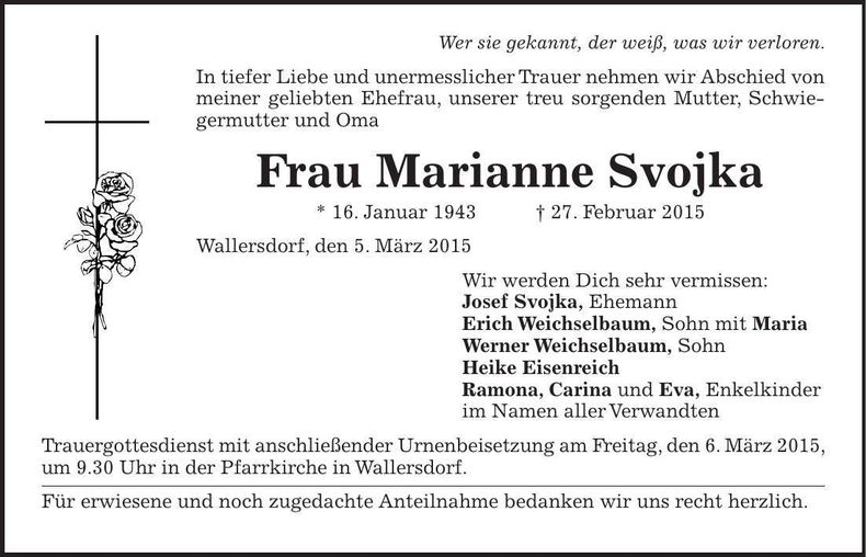 Traueranzeige Marianne Svojka