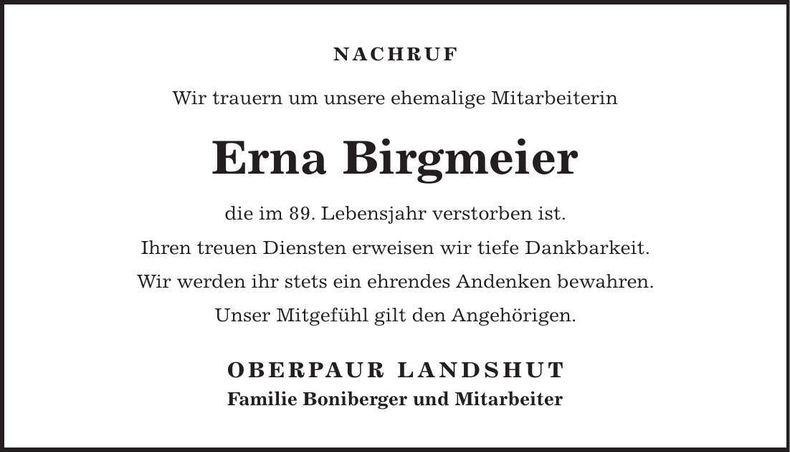 Traueranzeige Erna Birgmeier