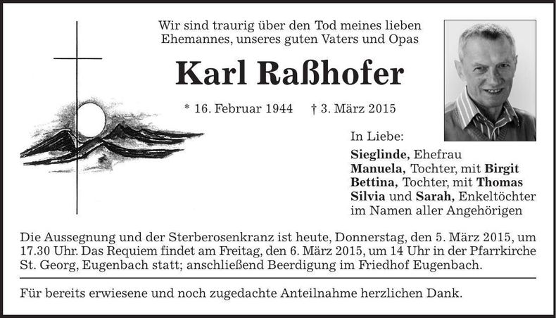 Traueranzeige Karl Raßhofer