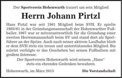 Traueranzeige Johann Pirtzl