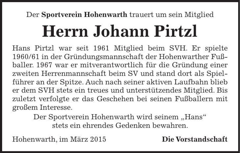 Traueranzeige Johann Pirtzl