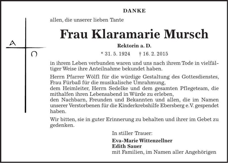 Traueranzeige Klaramarie Mursch