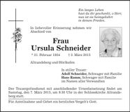 Traueranzeige Ursula Schneider