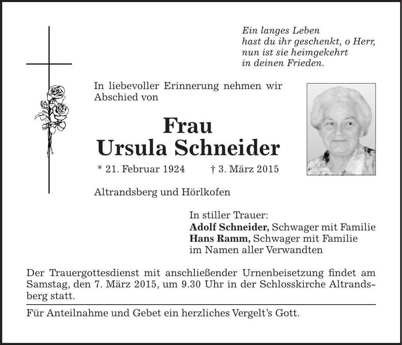 Traueranzeige Ursula Schneider