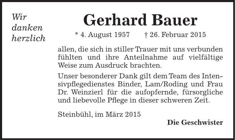 Traueranzeige Gerhard Bauer