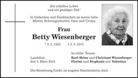 Traueranzeige Betty Wiesenberger