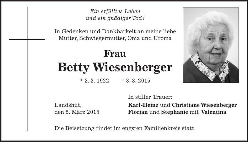 Traueranzeige Betty Wiesenberger