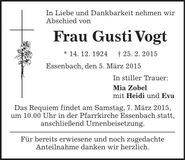 Traueranzeige Gusti Vogt