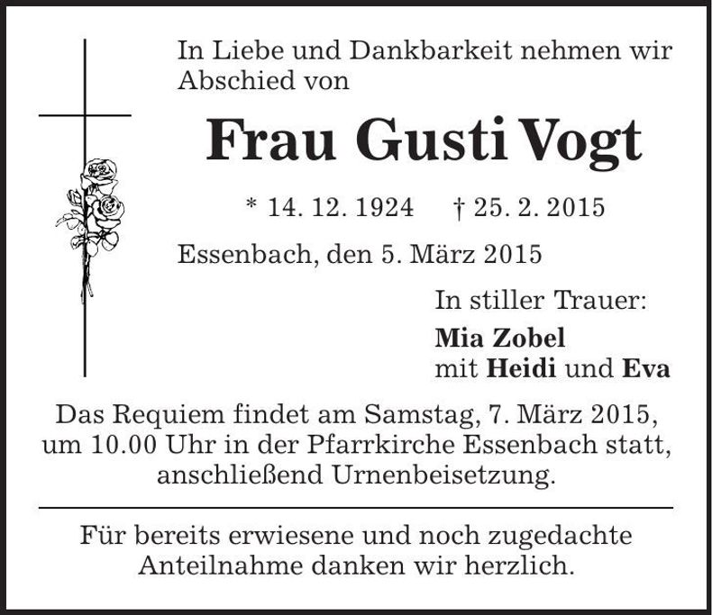 Traueranzeige Gusti Vogt