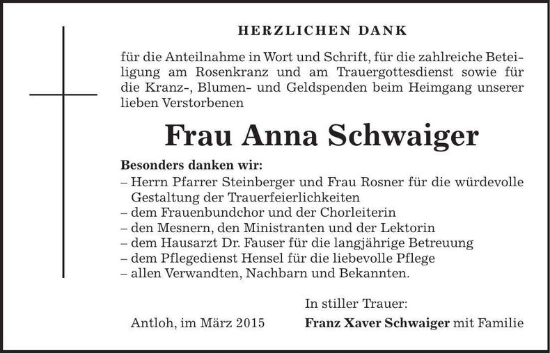 Traueranzeige Anna Schwaiger