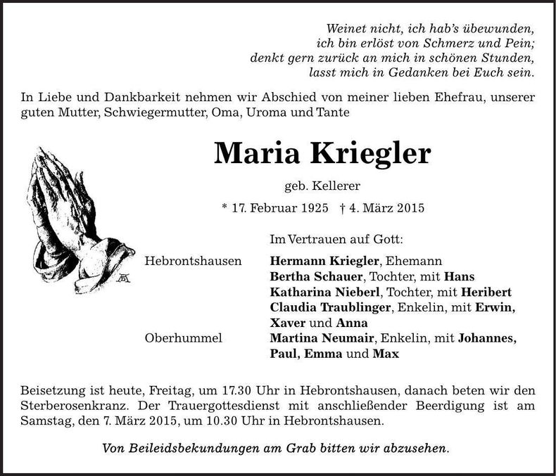 Traueranzeige Maria Kriegler