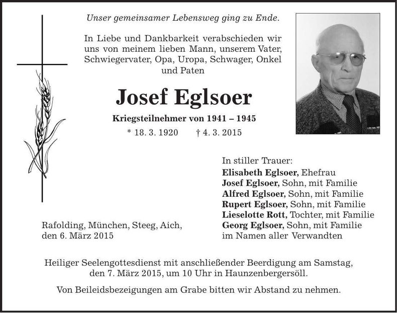 Traueranzeige Josef Eglsoer