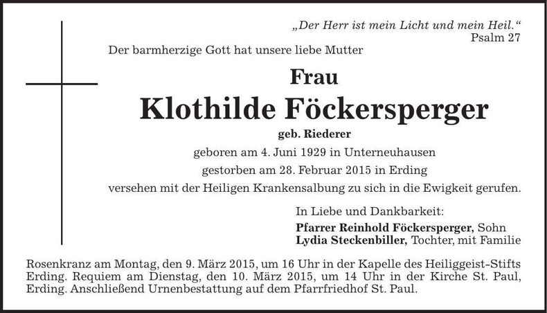 Traueranzeige Klothilde Föckersperger