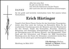 Traueranzeige Erich Härtinger