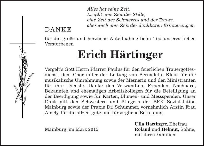 Traueranzeige Erich Härtinger