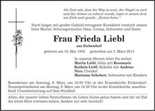 Traueranzeige Frieda Liebl