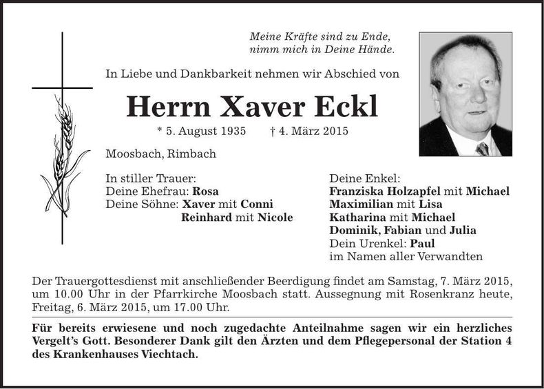 Traueranzeige Xaver Eckl
