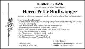 Traueranzeige Peter Stallwanger