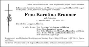 Traueranzeige Karolina Brunner