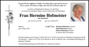 Traueranzeige  Hofmeister