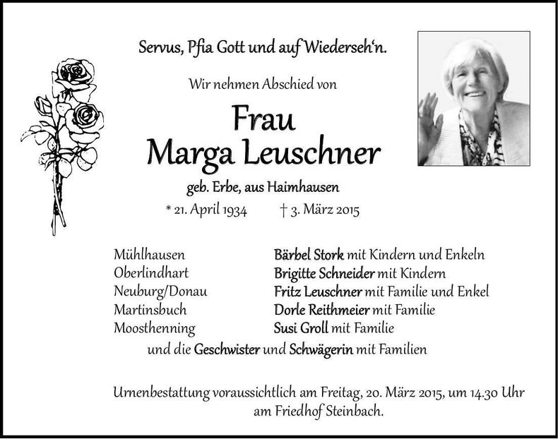 Traueranzeige Marga Leuschner