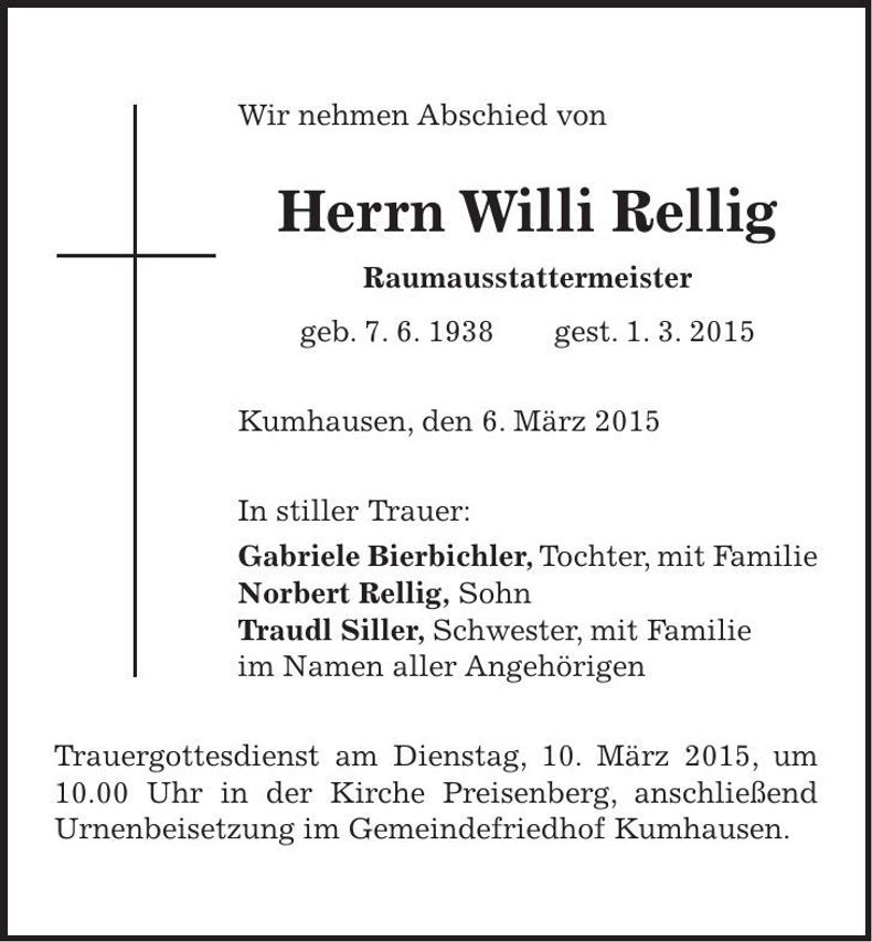 Traueranzeige Willi Rellig