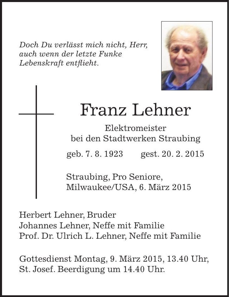 Traueranzeige Franz Lehner