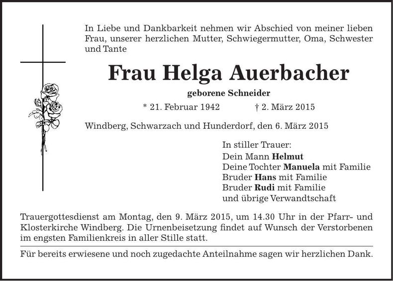 Traueranzeige Helga Auerbacher