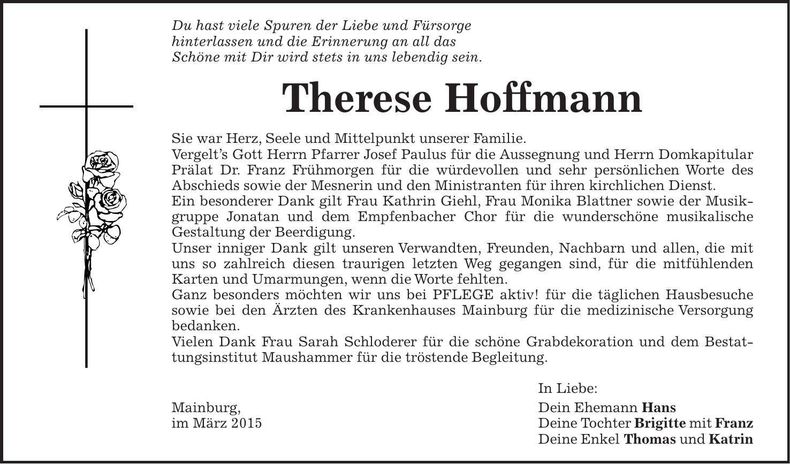 Traueranzeige Therese Hoffmann