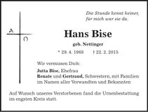 Traueranzeige Hans Bise