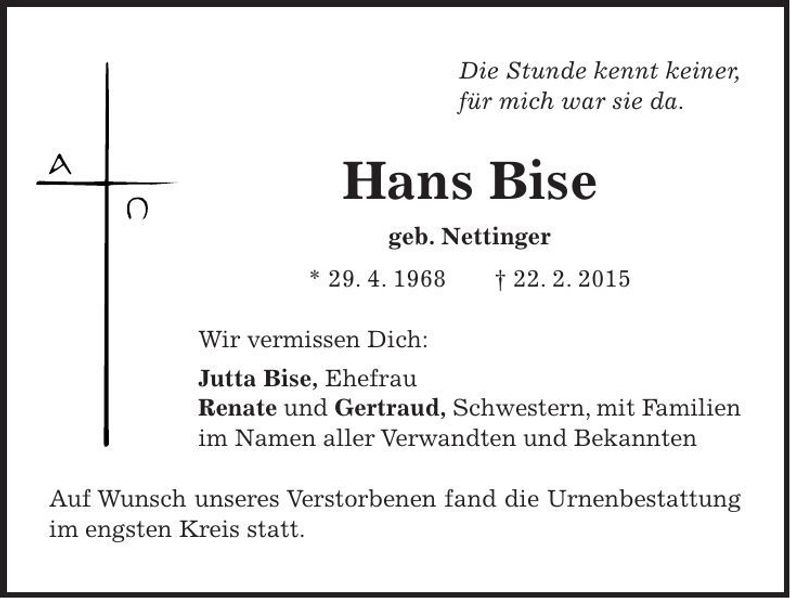 Traueranzeige Hans Bise