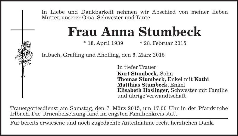 Traueranzeige Anna Stumbeck