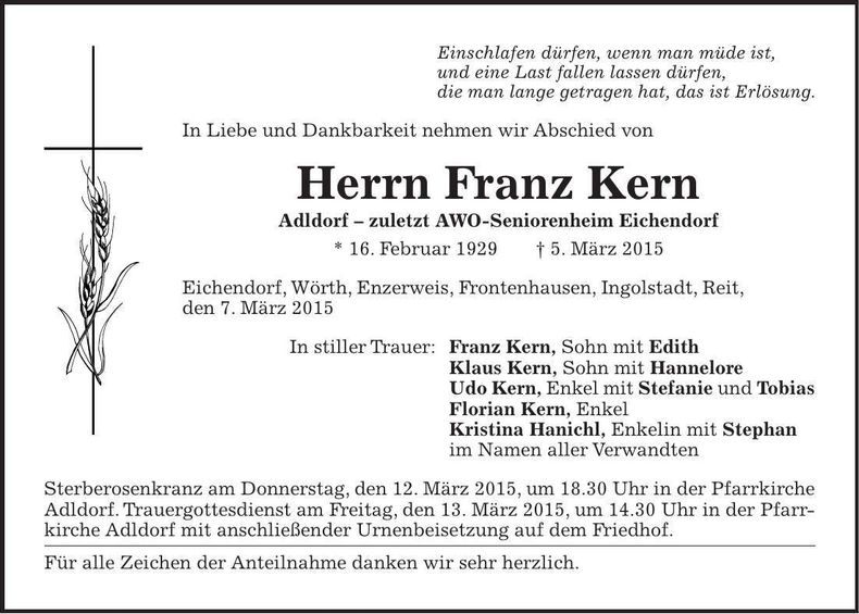 Traueranzeige Franz Kern
