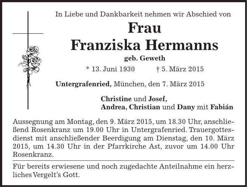 Traueranzeige Franziska Hermanns